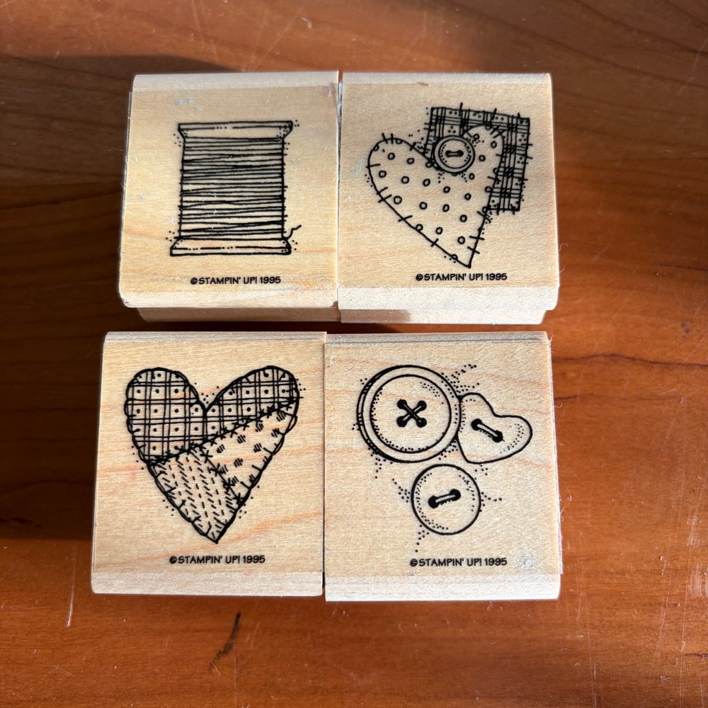 Stampin Up 1995 Vintage Rubber Stamp Set Sewing Quilting Hearts Thread Buttons 4